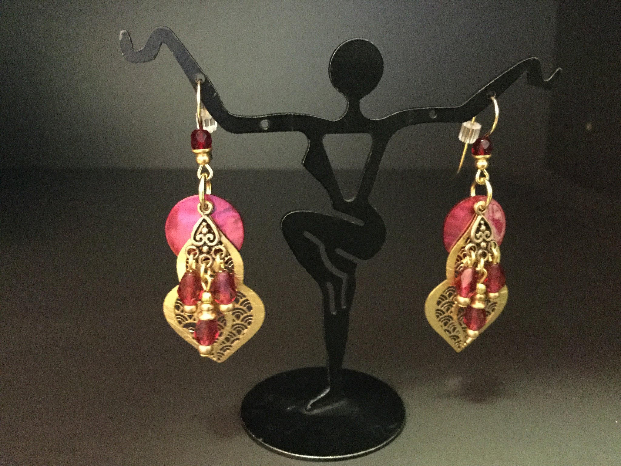 Brass base Earrings crystals and red mother of pearl