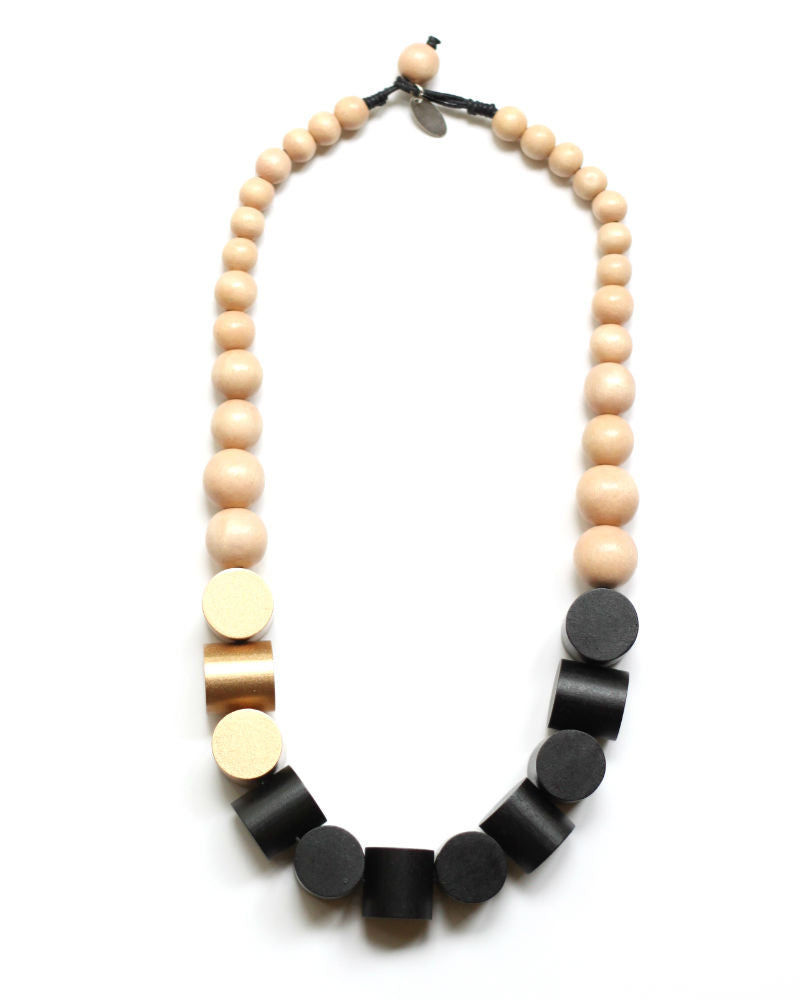 Hand Painted Wood Beige and Black Necklace circa Asian Collection