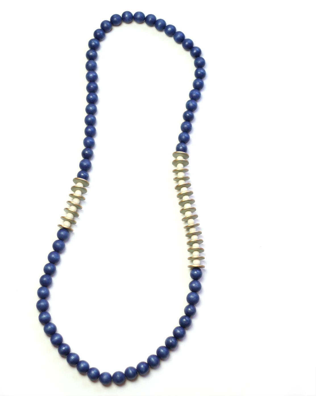 Long Blue Wood Necklace with Off White Chips in our Asian Collection