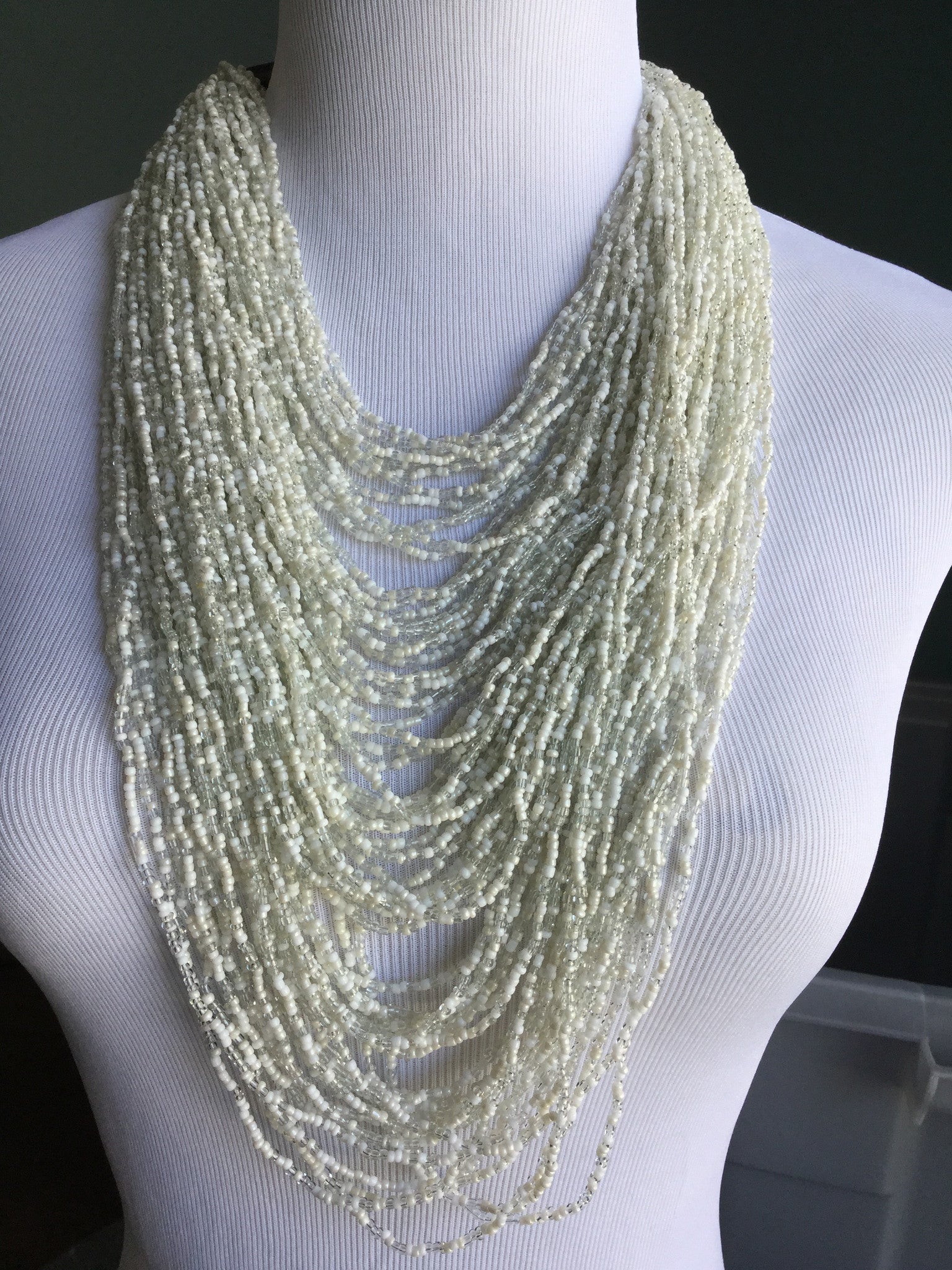 Long Layered White Beads with White Clasp Statement Necklace